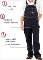 Zipper Fly Blue Denim Bib Overalls by ROUND HOUSE® Made in USA 980